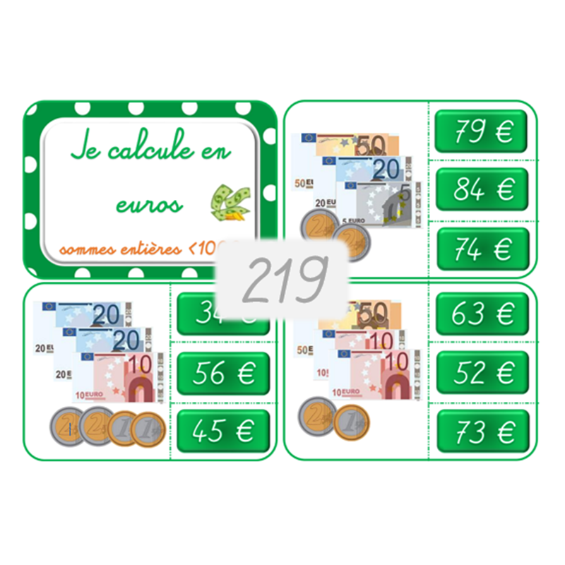 219 - Je calcule en euros (sommes entières inf.100)